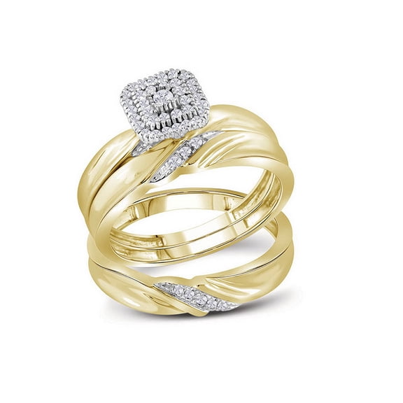 10kt Yellow Gold His & Hers Round Diamond Cluster Matching Bridal Wedding Ring Band Set 1/5 Cttw