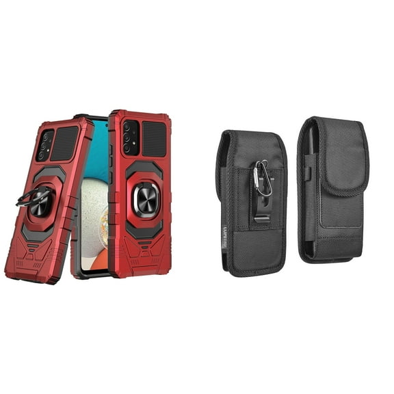 Case with Belt Holster Bundle for Samsung Galaxy A53 5G: Heavy Duty Shield Cover (Red) and Vertical Rugged Nylon Phone Pouch
