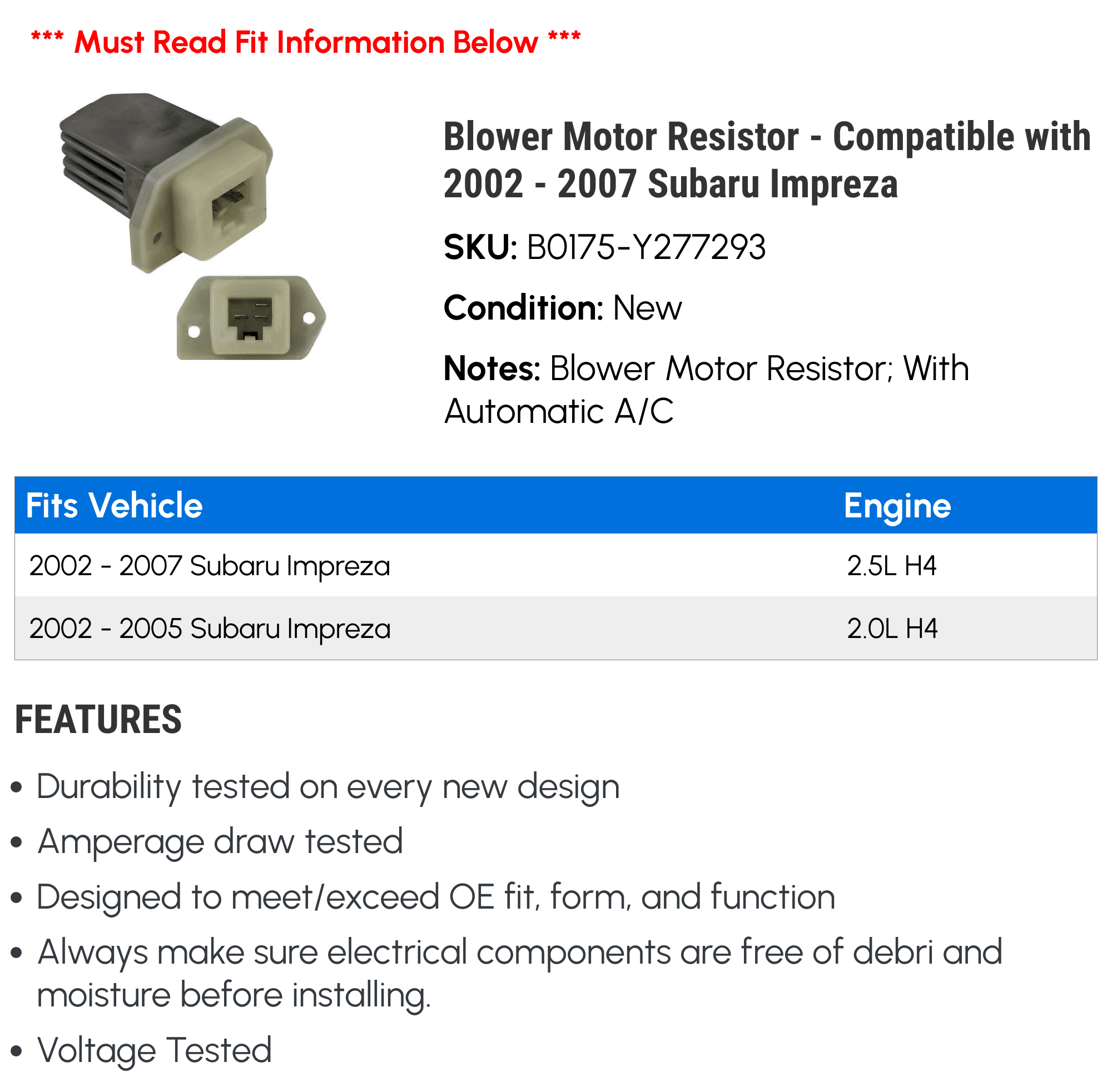 Blower Motor Resistor - Compatible with 2002 - 2007 Subaru Impreza 2003 2004 2005 2006