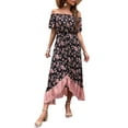 thumbnail image 3 of SAYOO Vestido bohemio de verano para mujer, con hombros descubiertos, manga corta, estampado floral, cintura elástica, dobladillo con volantes, falda, ropa de playa SAYOO Moda, 3 of 9
