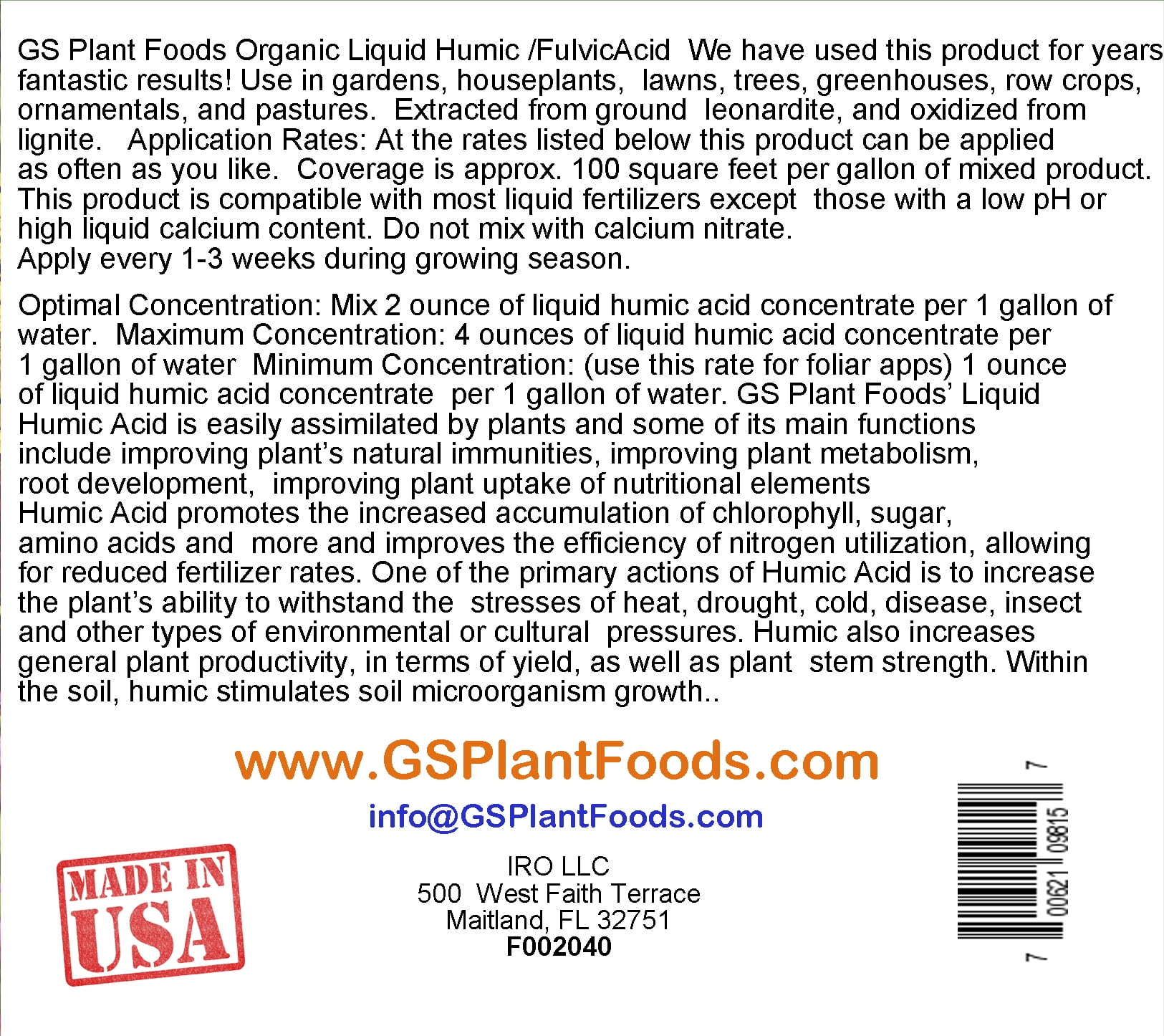 Humic Acid GS Plant Foods Fertilizer, 1 Quart - 32 Oz