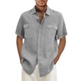 thumbnail image 2 of Designer Spring Summer Men's Casual Cotton Linen Solid Color Short Sleeve Shirts Loose Shirts M, 2 of 5