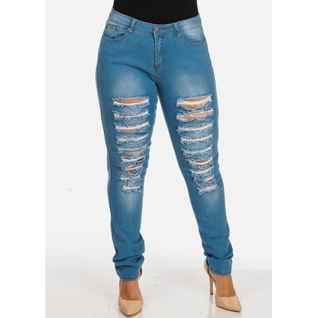 Womens Juniors Plus Size Casual Classic Stretchy Ripped Distressed Med Blue Wash Slim Fit Skinny Jeans (Best Distressed Skinny Jeans)