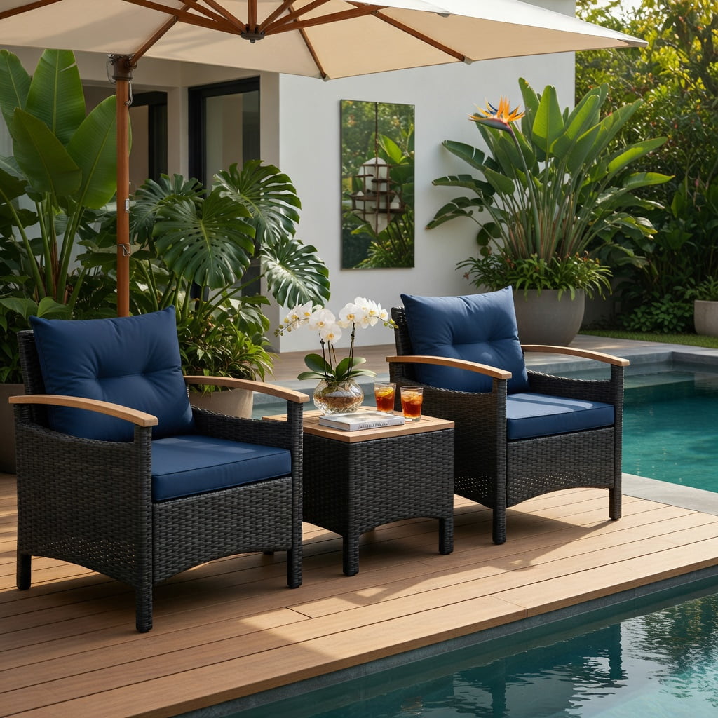 Hommoo 3-Piece Outdoor Rattan Patio Furniture Set, Steel Frame + Acacia Wood Coffee Table, Weather-Resistant PE Wicker Sofas, Navy