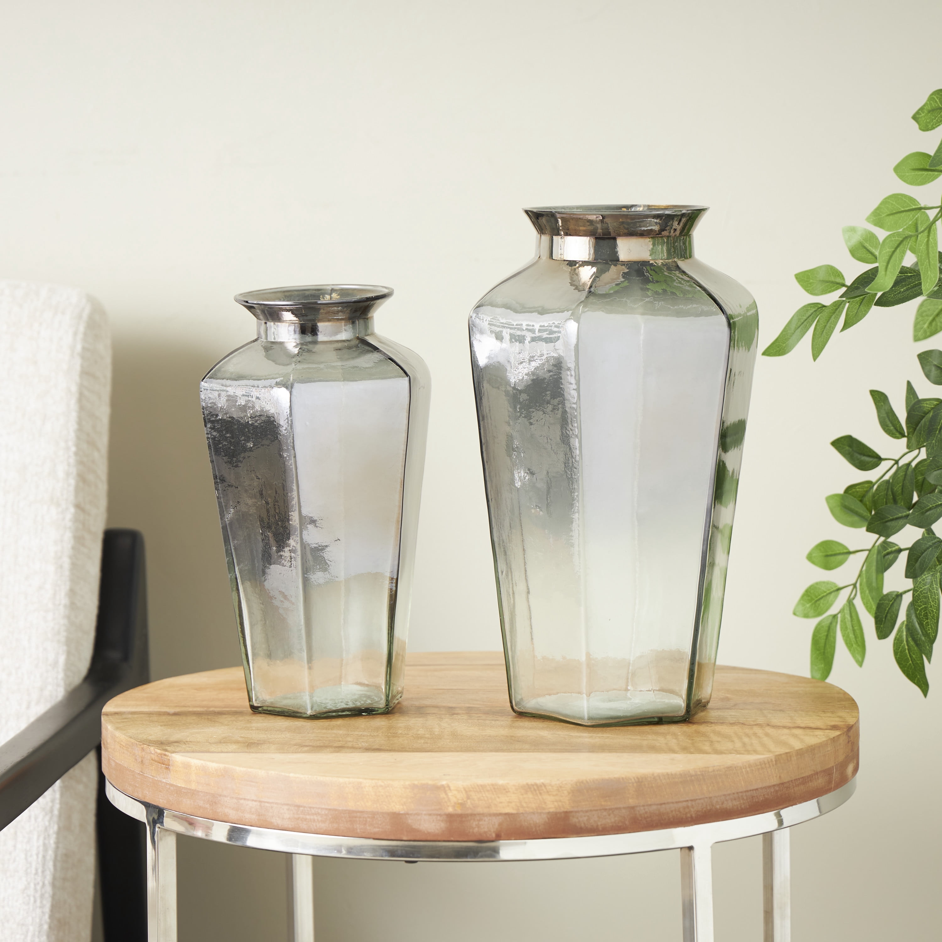 DecMode 13", 11"H Geometric Hexagon Gray Glass Vase, Set of 2