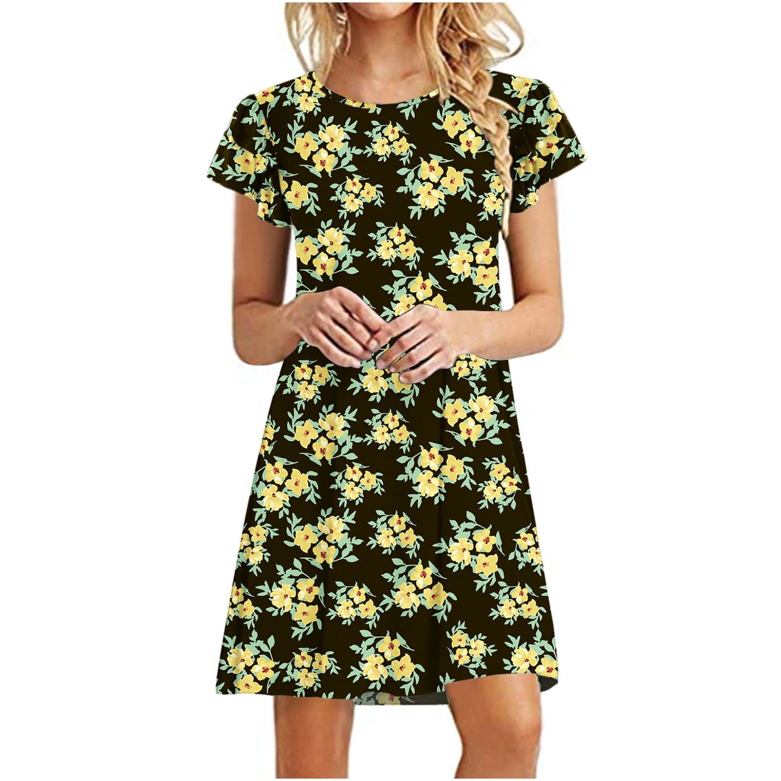 Women's Mini Casual T Shirt Dresses Aline Ruffle Short Sleeve Cute Round Neck Summer Beach