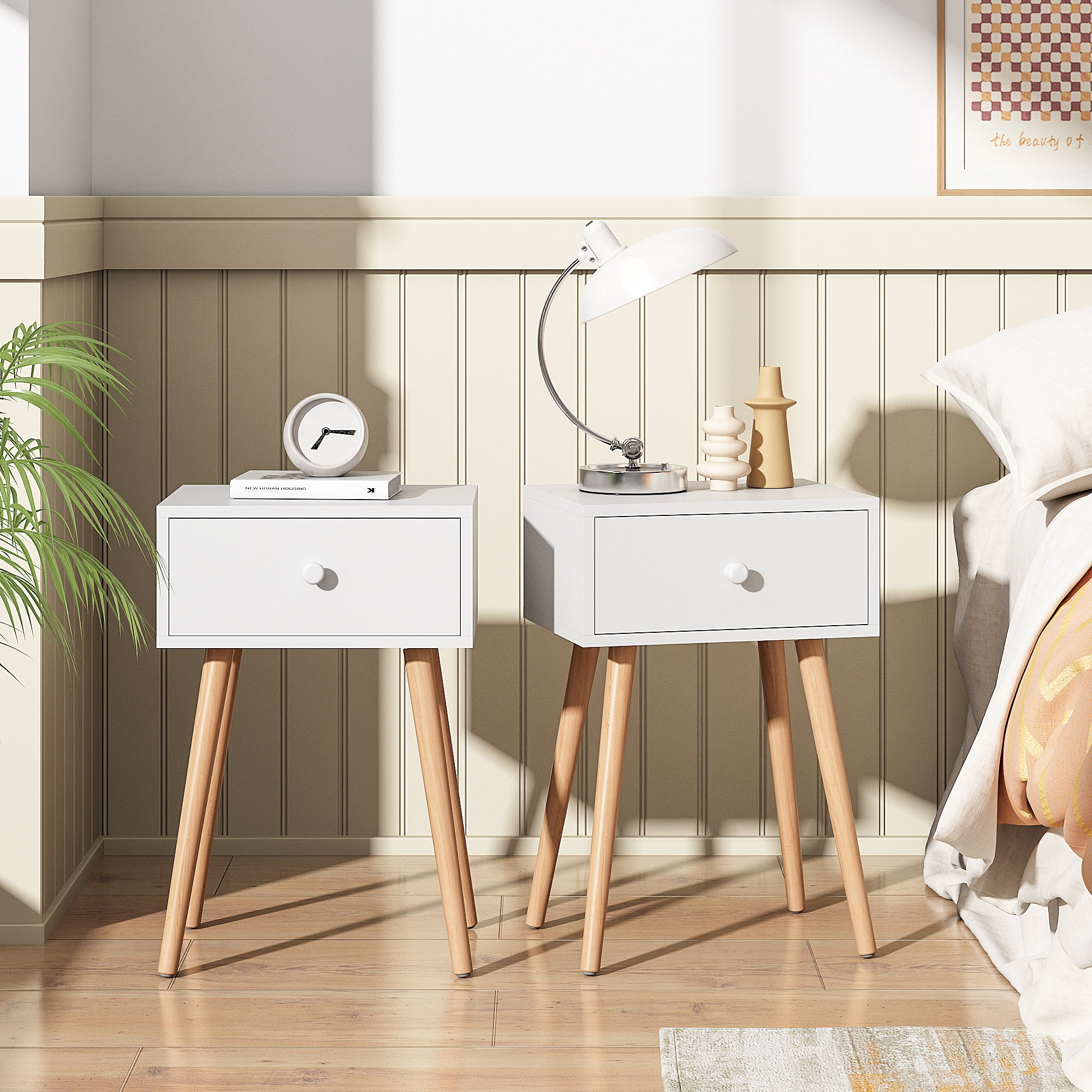 Jaxpety Set of 2 Modern Wood Nightstand, Bedside Table with Drawer