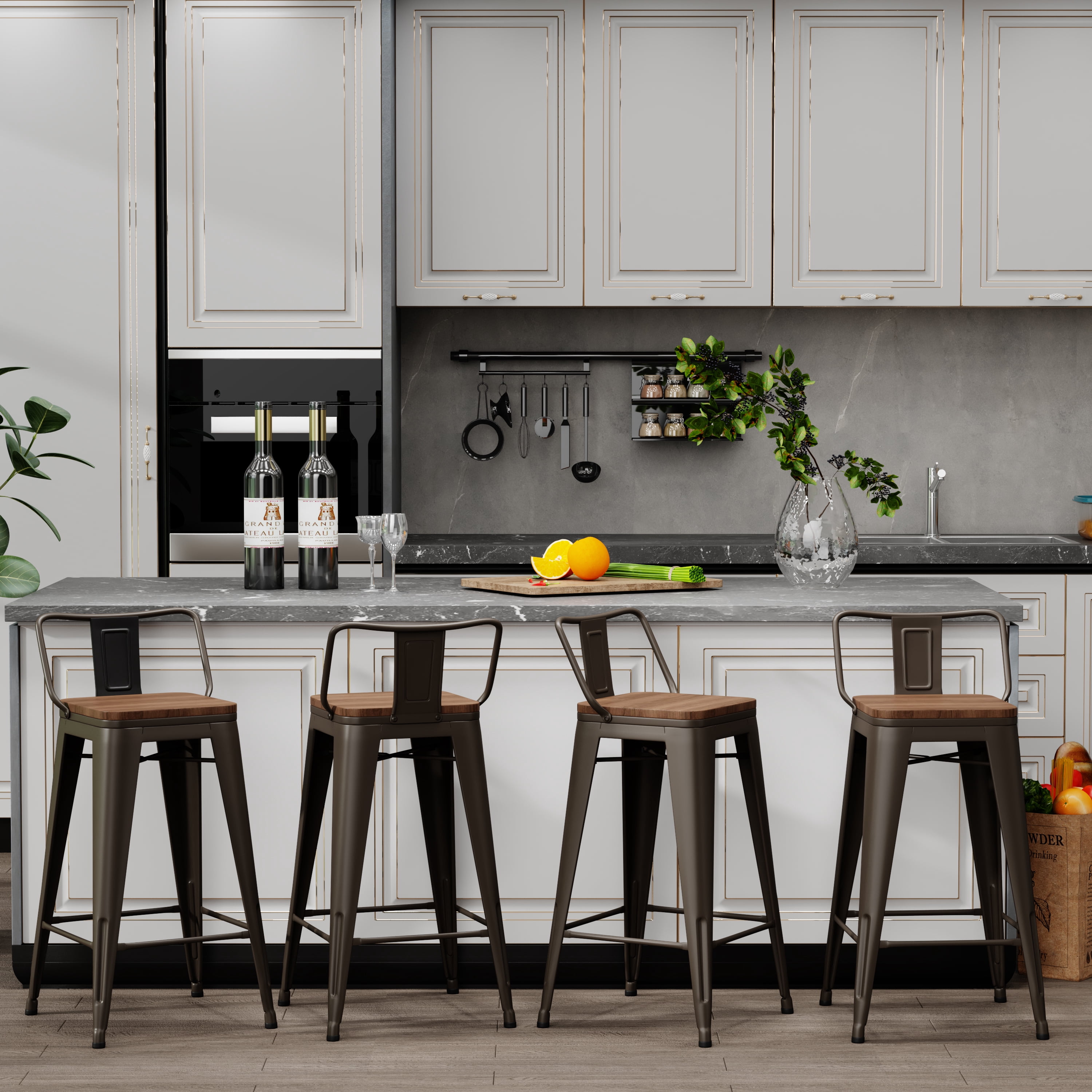 Bar Stools Set of 4 Bar Height Metal Barstools with Wood Seat Low Back Kitchen Bar Chairs