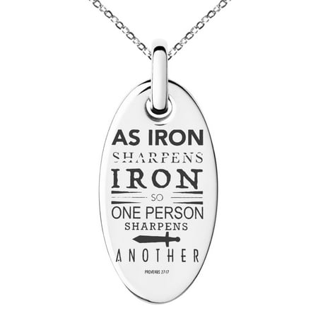 Engraved Oval Tag Pendant Stainless Steel As Iron Sharpens Iron Proverbs 27:17 Engraved Small Oval Charm Pendant Necklace ()