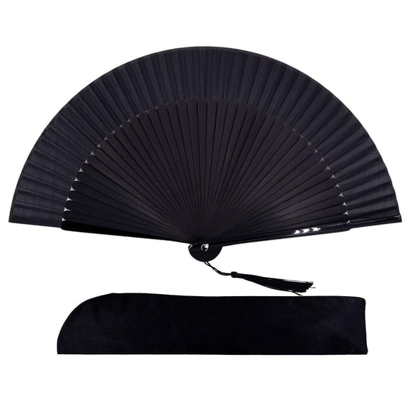 Abanico plegable Amajiji de seda de bambú de mano, 21 cm, negro