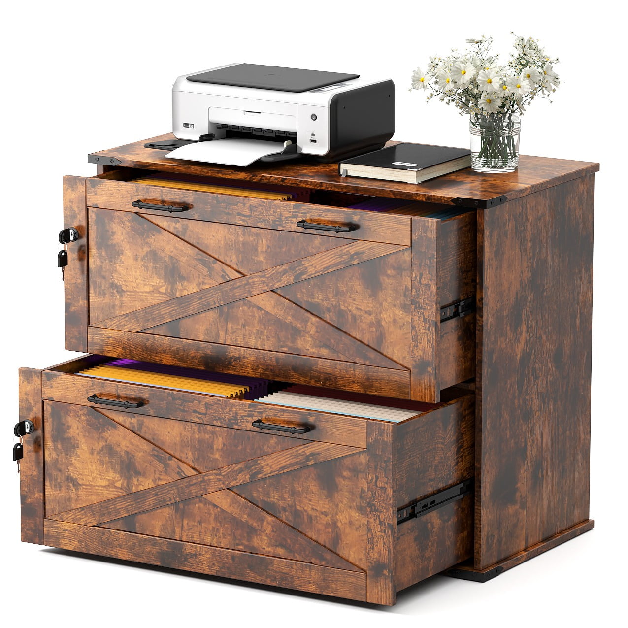 UBesGoo Farmhouse File Cabinet with 2-Drawer Wood Vertical File Storage Cabinet with Individual Lock and Rustic Metal Handles, Brown