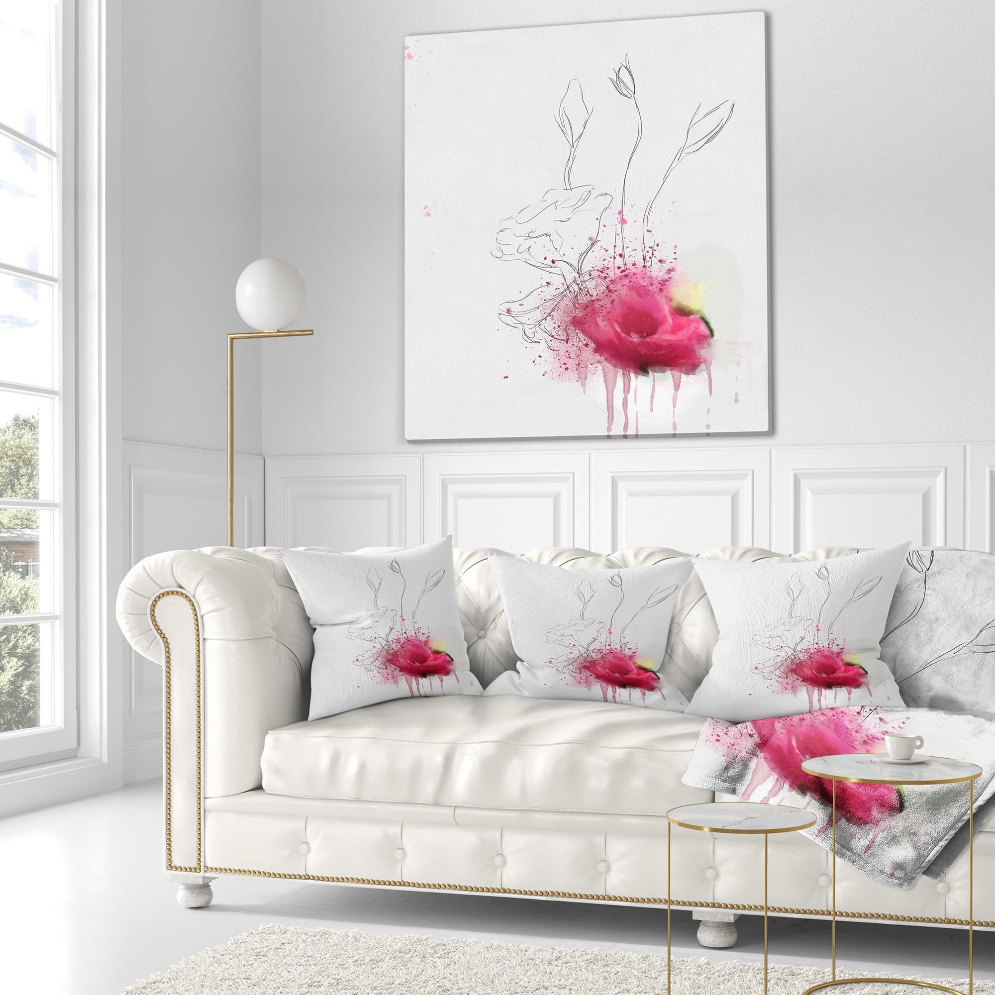 Designart Rose Flowers Sketch with Color Splashes - Floral Throw Pillow - 18x18