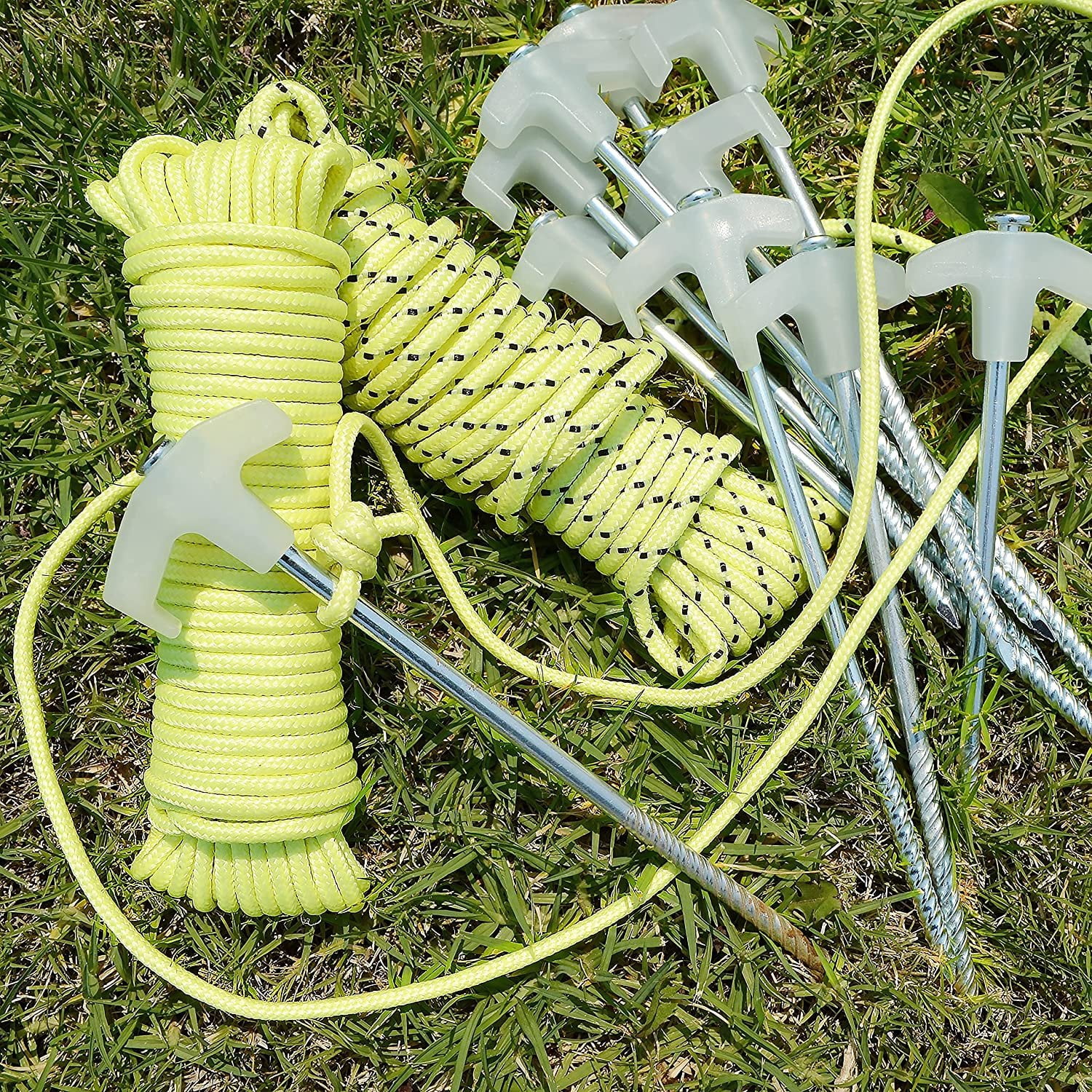 Wellmax 10PC Tent Stakes Heavy Duty with 2 Pack Glow in Dark Polypropylene Rope 3/16" x50ft and 1/4" x50ft