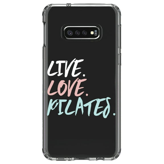 DistinctInk Clear Shockproof Hybrid Case for Samsung Galaxy S10e (5.8" Screen) - TPU Bumper Acrylic Back Tempered Glass Screen Protector - Live. Love. Pilates.