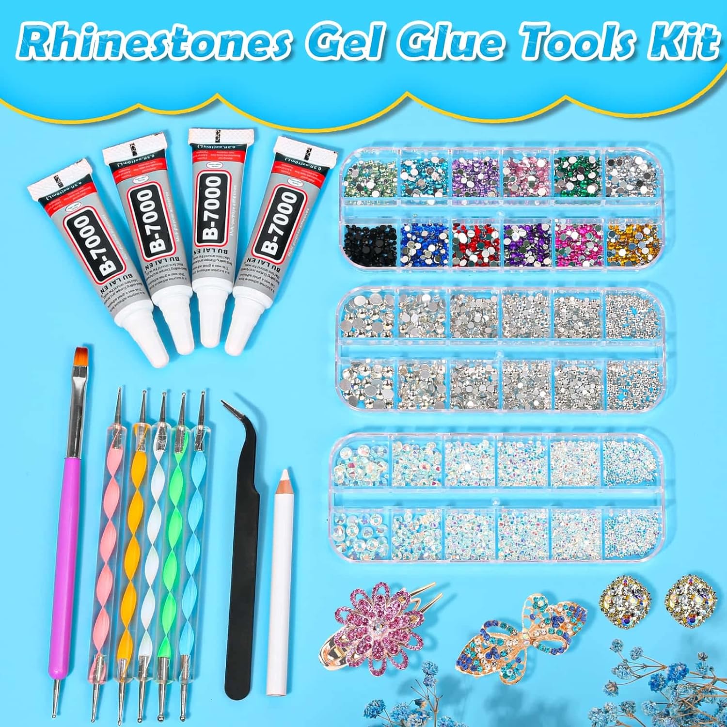 B7000 Jewelry Glue with Rhinestones for Crafts, 6300Pcs Rhinestones with Gems Adhesive for Shoes Cloth Fabric with Picker Pencil for Crafting Diamond Art Graduation Cap Decorations