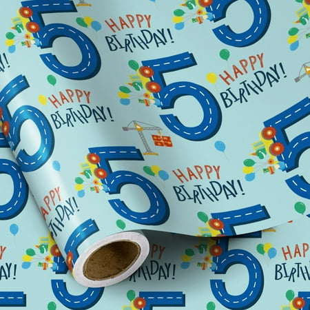 RUSPEPA Birthday Wrapping PriNst Paper for Boy - Mini Roll - Dinosaur Truck Happy Birthday Design for Boys' Birthday Party and More - 17 inches x 16.4 feet - 5 Year Old