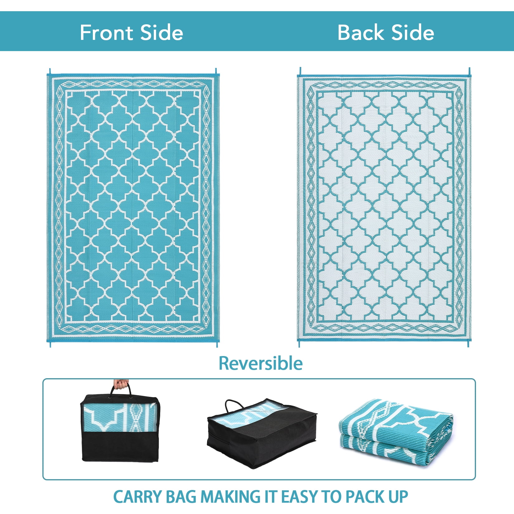 GlowSol Moroccan Outdoor Rug 6x9 Reversible Plastic Straw Rug Indoor Outside Modern Floor Mat Rug for Outdoors RV Backyard Deck Picnic Beach Camping, Light Blue/White