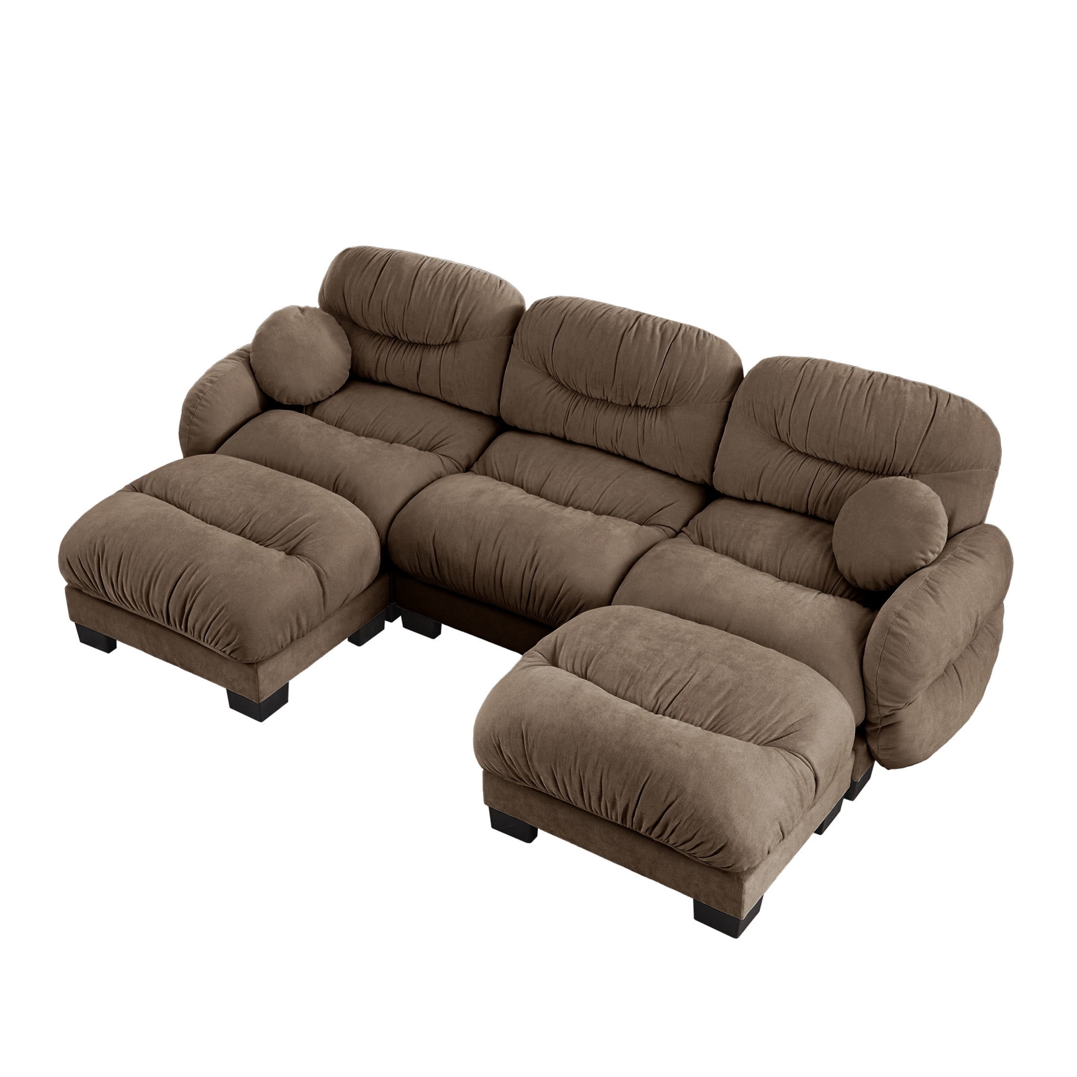 Noble House Corlan Pleated Chenille 3-Seater Sectional Sofa, Modular Deep Seat Couch with 2 Ottomans and Throw Pillows, Brown