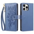 thumbnail image 2 of Case For iPhone 13 Pro Max Butterfly Flower Multi-card Holder Zipper Wallet With Lanyard Magnetic Clasp Flip Stand Leather Phone Case,Blue,For iPhone 13 Pro Max, 2 of 9