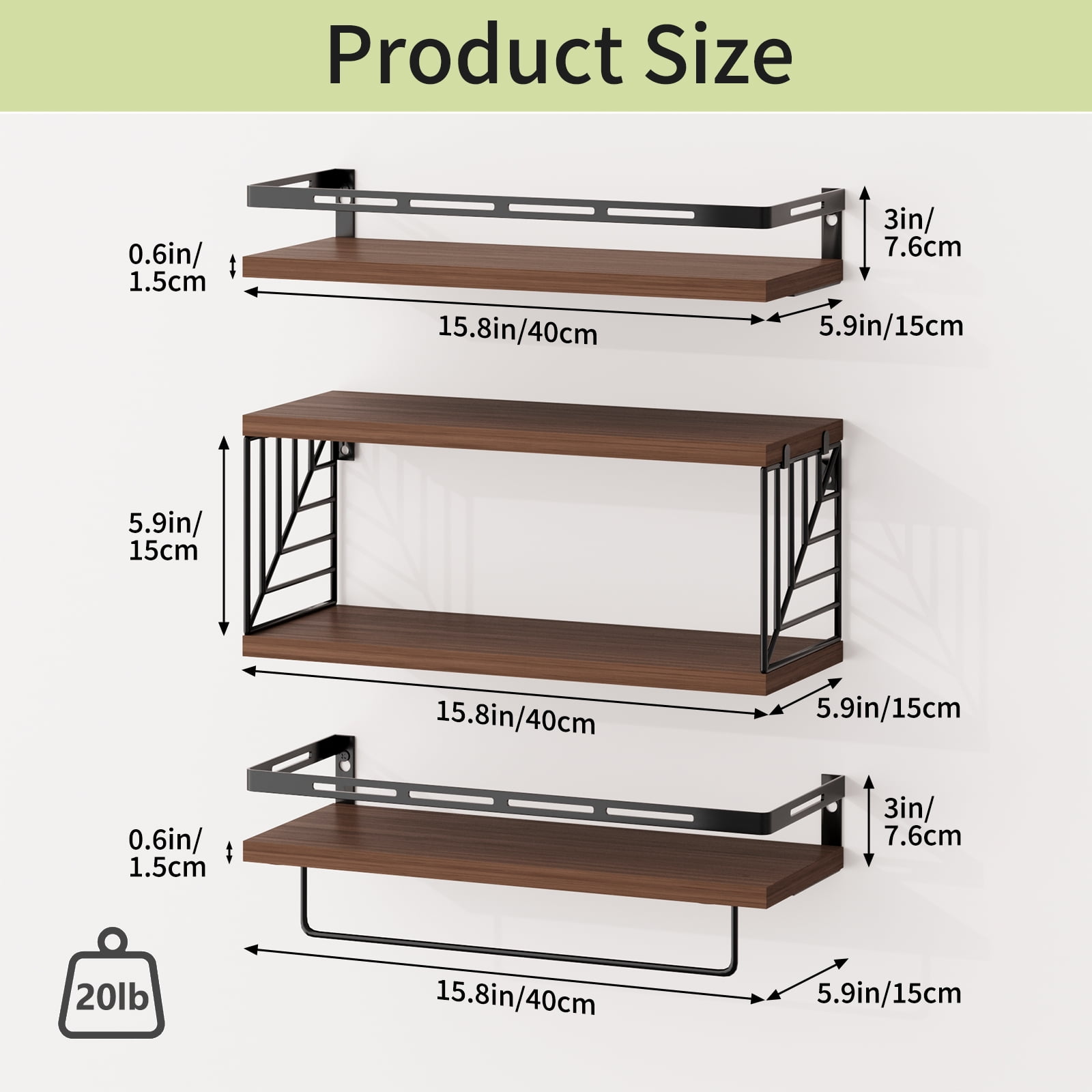 Fairy 4pcs Bathroom Floating Shelves Over Toilet, Wall Shelves with Towel Bar for Bathroom, Living Room (Dark Brown)