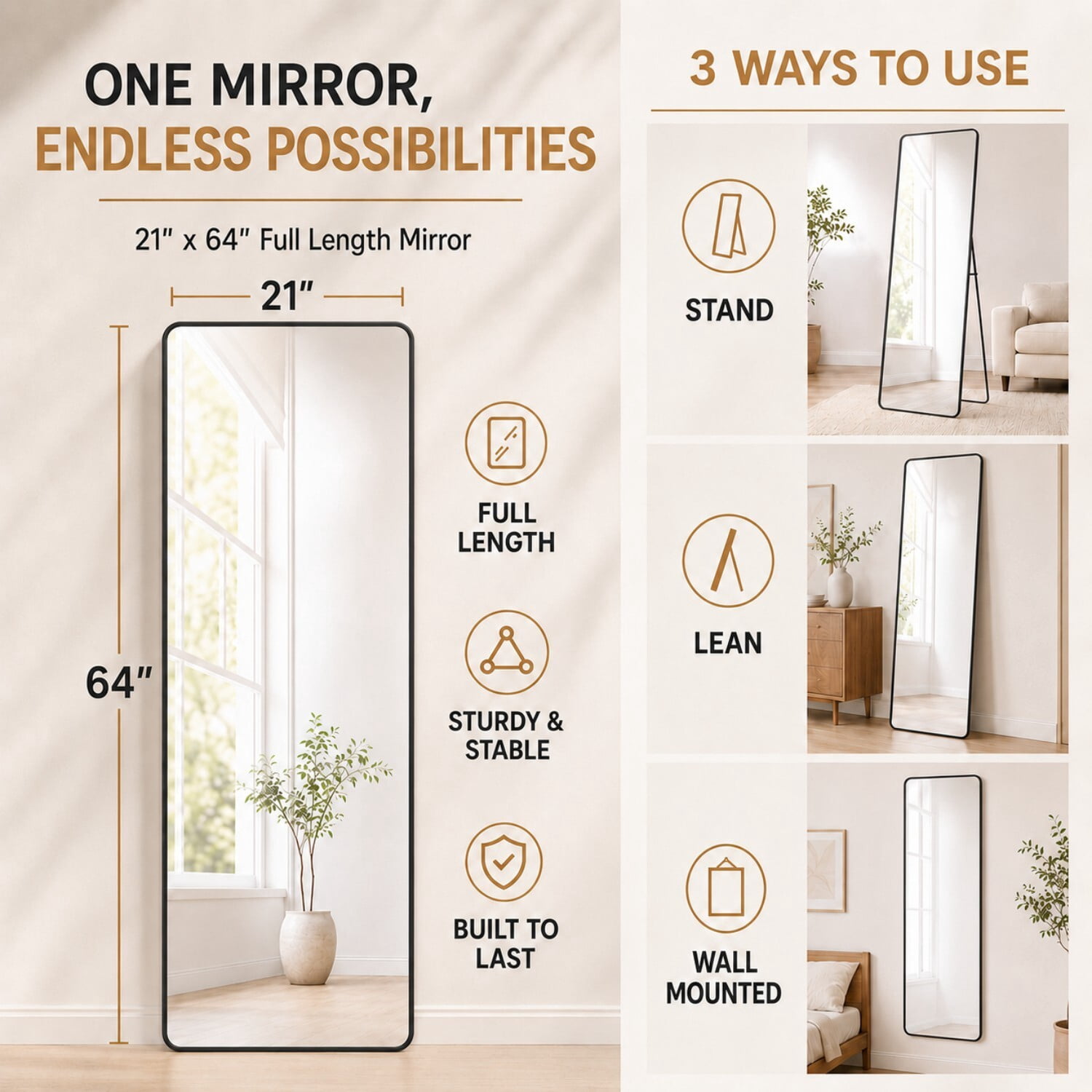 Easy4Home 64"x21" Rectangular Full Length Mirror Round Corner Freestanding Wall Mirror with Metal Frame, Black