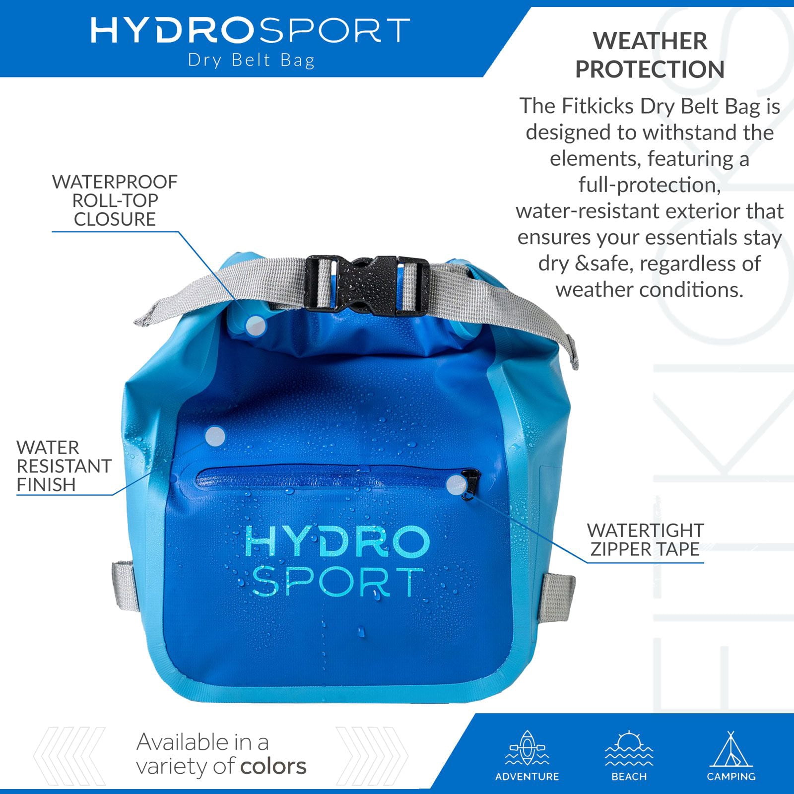 FITKICKS HydroSport Dry Belt Bag Waterproof Waist Pack with Adjustable Strap - Blue