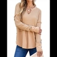 thumbnail image 3 of Camisetas Henley de Larga con Cuello en V para Mujer, Túnicas de Punto Informales, Conjuntos de Otoño con Abertura para el Pulgar. Caqui XXL, 3 of 8