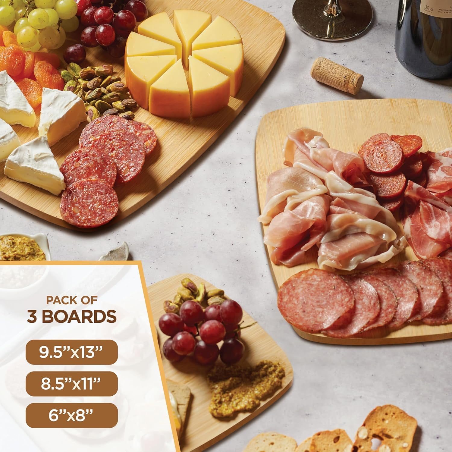 Bamboo Cutting Board Set - 3 Piece Reversible Wood Cutting Boards for Kitchen, Meal Prep & Serving, Chopping Meat, Vegetables, Fruit, Cheese, Charcuterie - Assorted Sizes