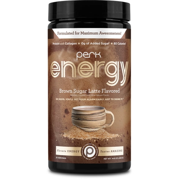 Perk Energy Drink Mix (Brown Sugar Latte) 20 Servings - Caffeinated Healthy Coffee Alternative with Protein, 100mg of Caffeine, Gluten-Free, Soy-Free, Peanut-Free