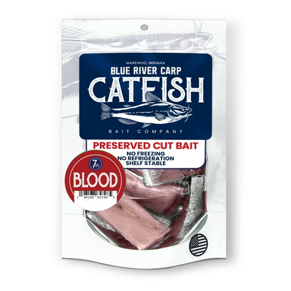 7oz package - Blood Scented Nuggets for Catfish Bait. Preserved Cut Bait by Blue River Carp. No Refrigeration or Freezing