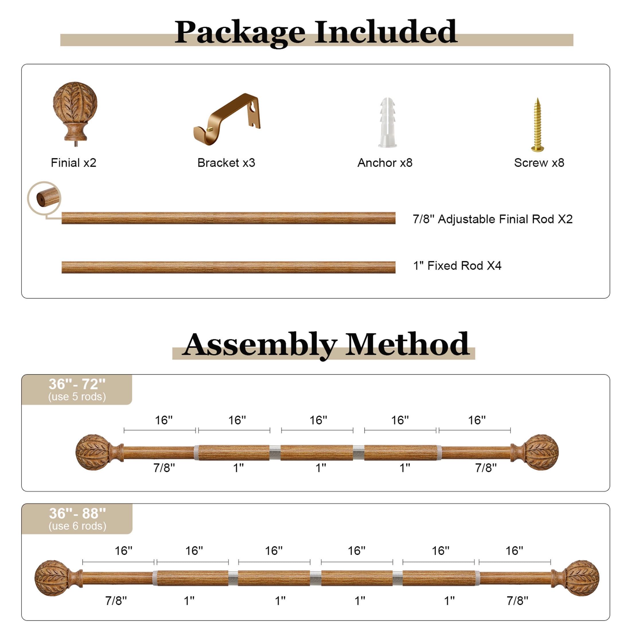 Yokila Traditional Brown Curtain Rods for Windows 36 to 88 Inches Adjustable Length Heavy Duty 1" Diameter Single Window Curtain Rod with Decorative Finials for Living Room Bedroom Kitchen