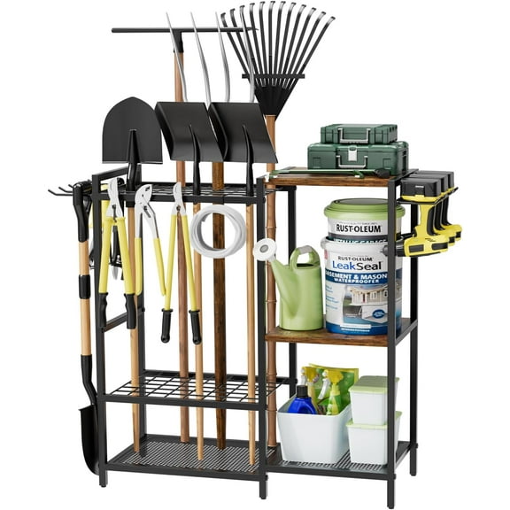 Garden Garage Tool Organizer - with 3-tier Shelves, Yard Tool Organizer for Garage with 4 Hooks, Heavy duty Steel Garden Tool Rack Holds up to 48 Long Handled Yard tools for Storage