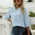 thumbnail image 4 of WBQ Womens Chiffon Blouses 3/4 Sleeve Loose Tops Pompom Henley V Neck Pleated Button Down Tunic Tops Casual Office Work Shirts,Blue S-XXL, 4 of 9