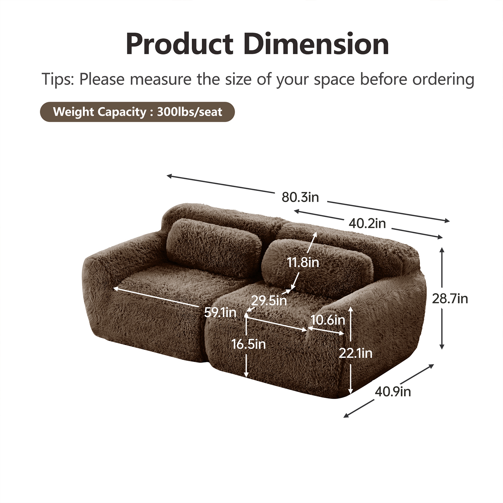 ZenNook 80" Sectional Couches for Living Room, Comfy Boneless Couch, 2 Seater Cloud Sofa, Compressed Loveseat, Modern Love Seat in a Box, Fluffy Plush Floor Couch, No Assembly (Choco)