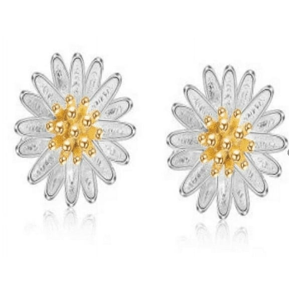 Amy and Annette Sunflower Silver Simulated Pearl Earrings, 14k Gold Plating over Sterling Silver