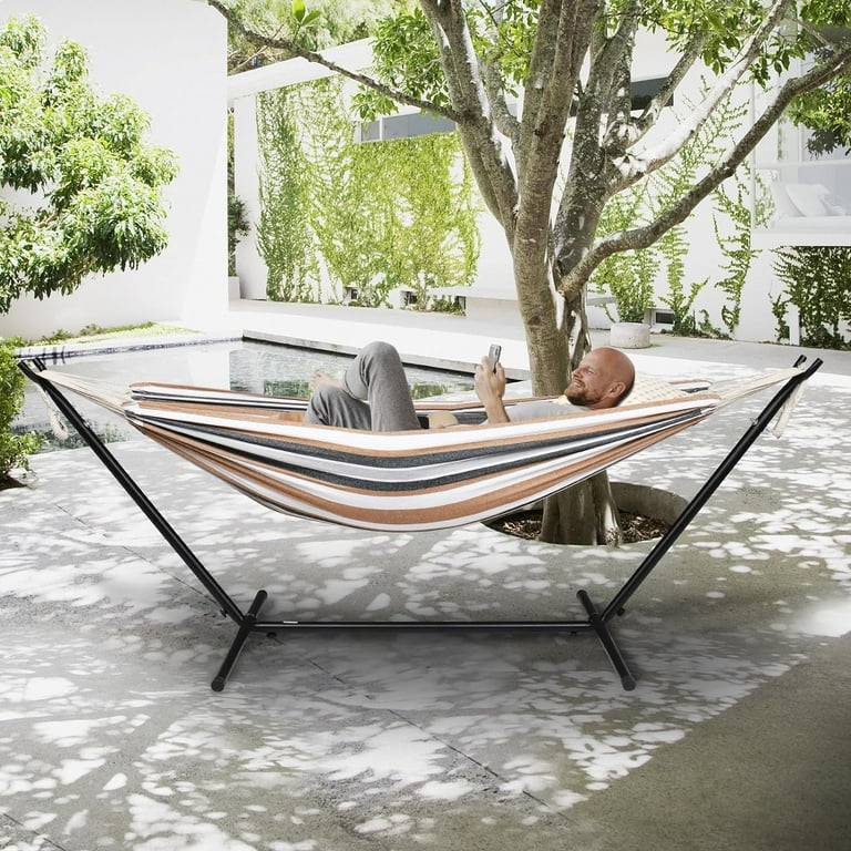 550 LBS Capacity Double Hammock with Stand Included with Portable Carrying Bag Heavy Duty 2 Person Hammock for Outdoors Indoors Desert Stripe