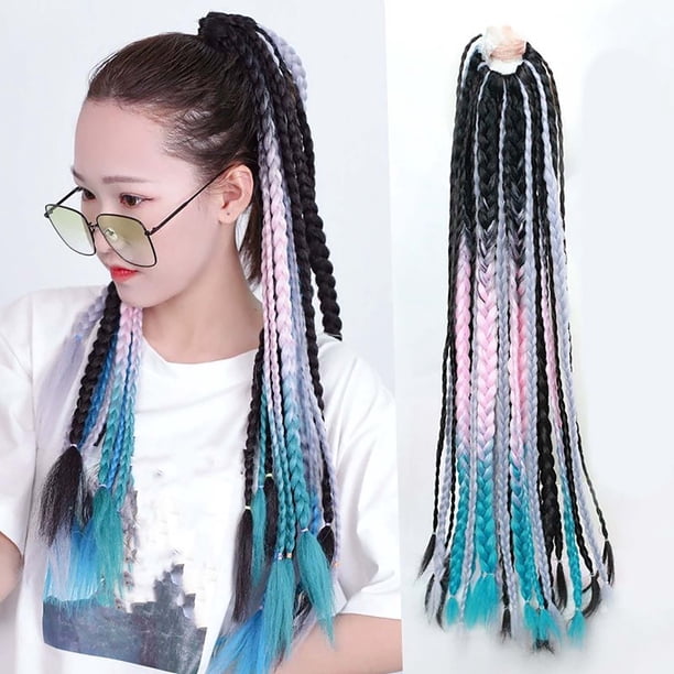 Extensión de pelo con trenza sucia y elástico - Trenza sintética elástica inflada, poni texturizado desordenado, recogido rápido y fácil, peinado con clip de moda, paquete negro