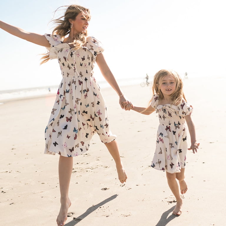 Fymnsi Womens Dress Summer Floral Smocked Midi Dress Square Neck Mommy and Me Dresses Family Matching Outfits Mom XL, Women's, Size: Mom: XL, White