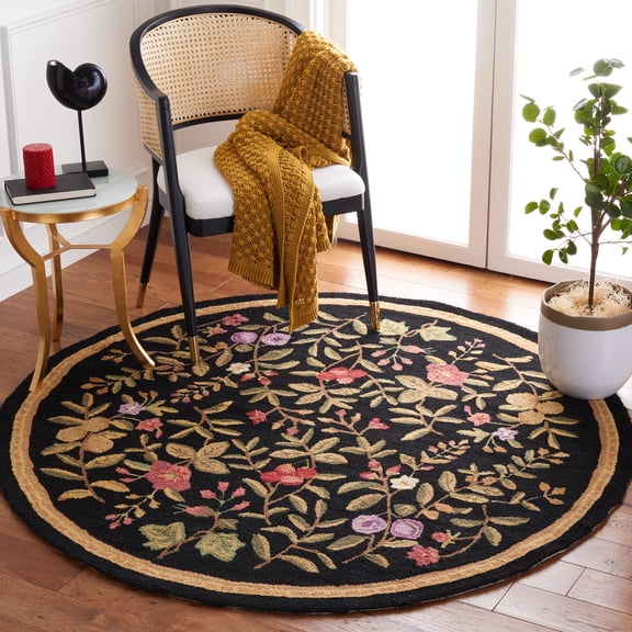 SAFAVIEH Chelsea Dania Floral Wool Area Rug, Black, 4' x 4' Round