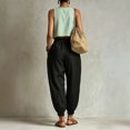 thumbnail image 3 of Morttic Women's Solid Color High Waist Pleated Jogger Pants – Cuffed Ankle Lantern Trousers with Side Pockets Summer Daily Wear Black，S, 3 of 4