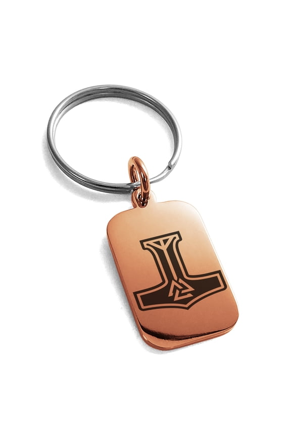 Stainless Steel Valknut Mjolnir Thor's Hammer Engraved Small Rectangle Dog Tag Charm Keychain Keyring