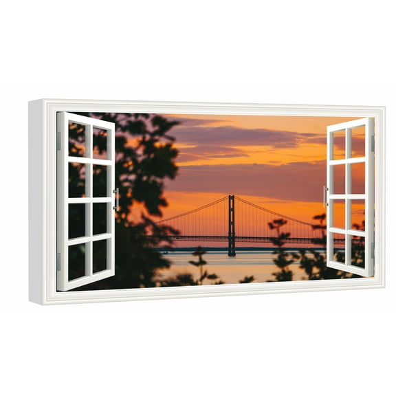 Window View of Golden Gate Bridge Sunset Canvs Art Fake Open Window Wall Art Golden Gate Bridge Sunset Framed Painting For Livingroom Office Bedroom Ready to Hang