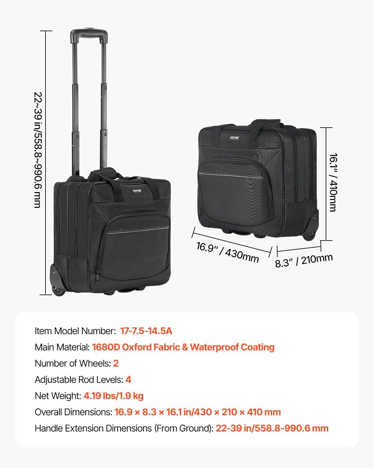 Black Rolling Laptop Bag 15.6 Inch, Wheeled Computer Briefcase for Office & Business, Stylish Work Bag for Women & Men