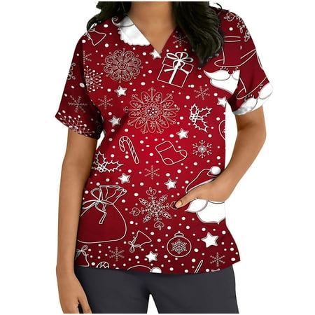 

JWZUY Working Uniform T Shirt Women Print Short Sleeve V-Neck Scrubs Tops Tee with Pockets Summer Short Sleeve Nurse Workwear Nursing Blouses Pullover Tshirts Tee Shirt (Wine L)