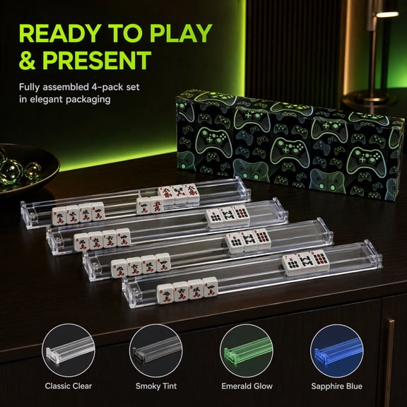 Premium Clear Acrylic Mahjong Racks with Pushers, 4-Pack Non-Slip Mahjong Tile Holders, 2-in-1 American Mahjong Accessories, Multiple Colors, Gift Ready