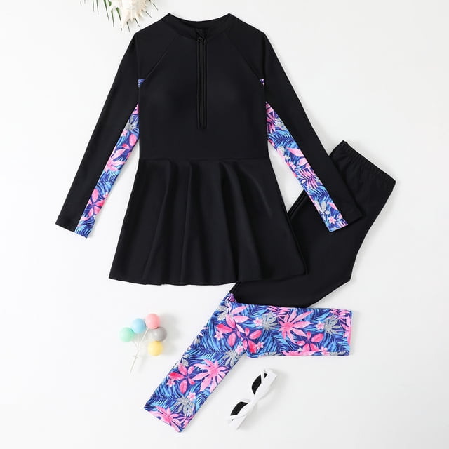 Kid Girls Rash Guard Bathing Suits Ruffle Long Sleeve Sun Protection Girls Bathing Suits for Girls 10-11 Years