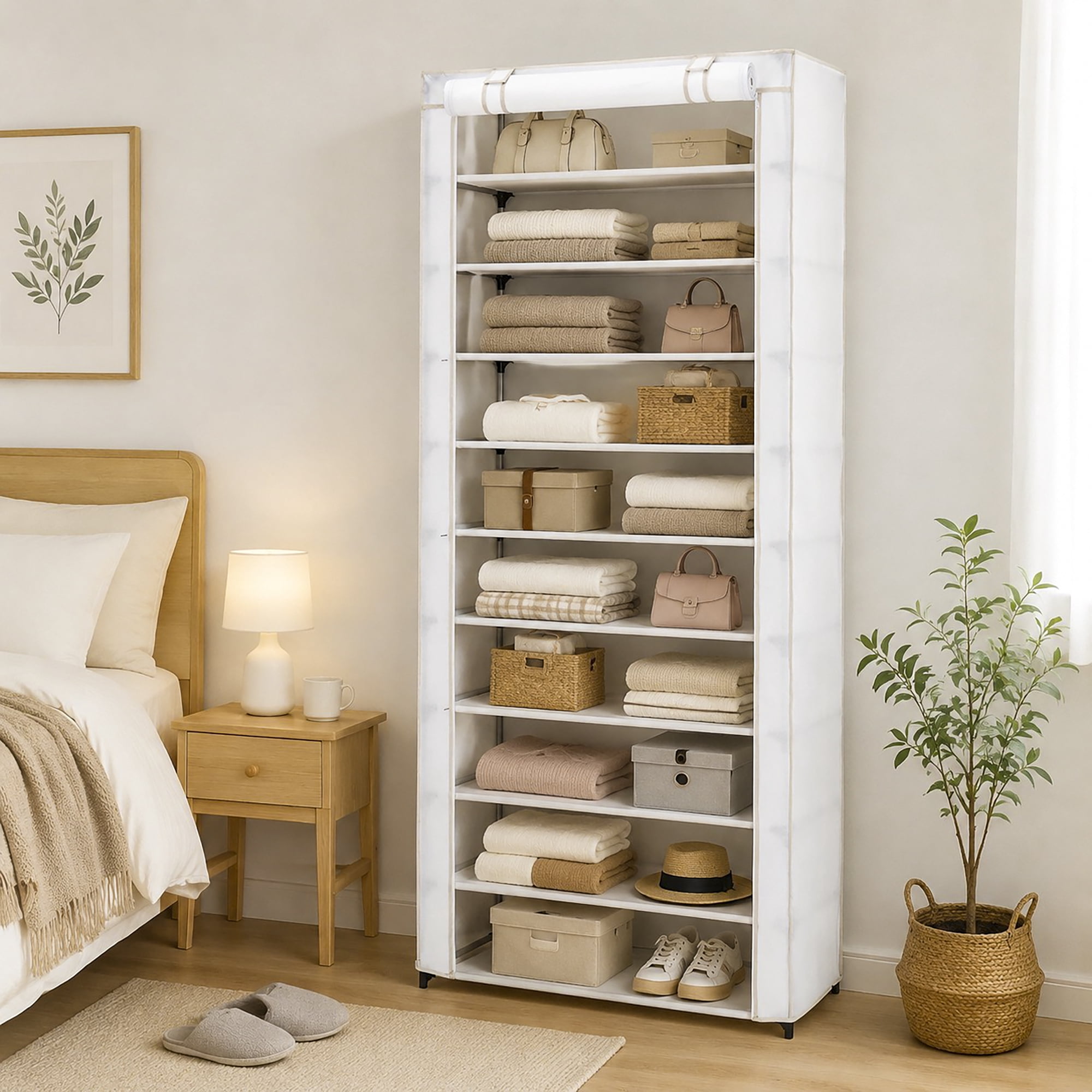 Mainstays 10-Shelf Shoe Organizer Rack with Cover, Holds 30 Pairs, White