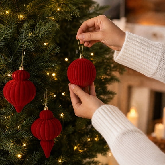 AURIGATE 4 Pcs Flocked Christmas Ornaments, 3.94x3.94x4.33 in Velvet Textured Gourd Baubles for Xmas Tree Modern Decor