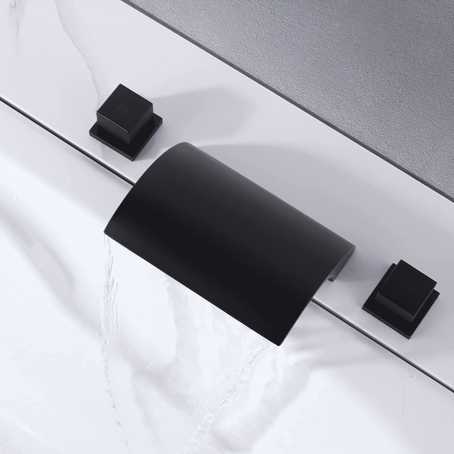 WOWOW Bathtub Faucet with Waterfall Spout, Deck Mount Bathroom Tub Faucet Set, 3 Hole High Flow Tub Filler, Matte Black