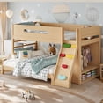thumbnail image 4 of Harper & Bright Designs Twin XL over Full Bunk Bed with Storage and Wardrobe, Solid Wood Bunk Bed Frame with Rock Climbing Slide, Solid Wood Bed Frame with Guardrails for Boys Girls, Natural, 4 of 14